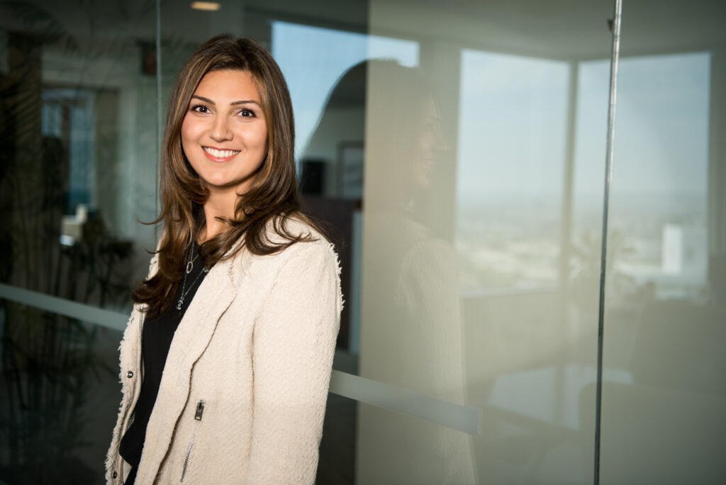 A female business banking executive poses for an environmental portrait in Santa Monica, Calif.