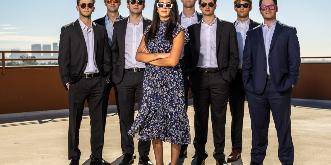 Corporate interns group portrait on rooftop in Los Angeles.